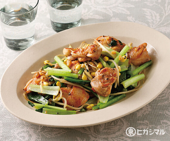 鶏肉と小松菜のにんにくじょうゆ炒め