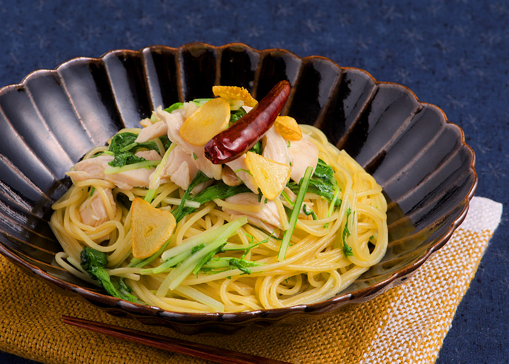 レシピ画像：水菜とささみのパスタ