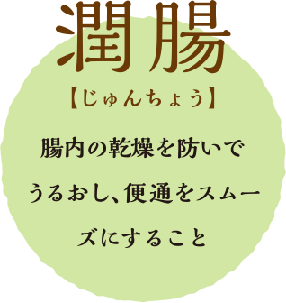 潤腸  じゅんちょう  腸内の乾燥を防いでうるおし、便通をスムーズにすること